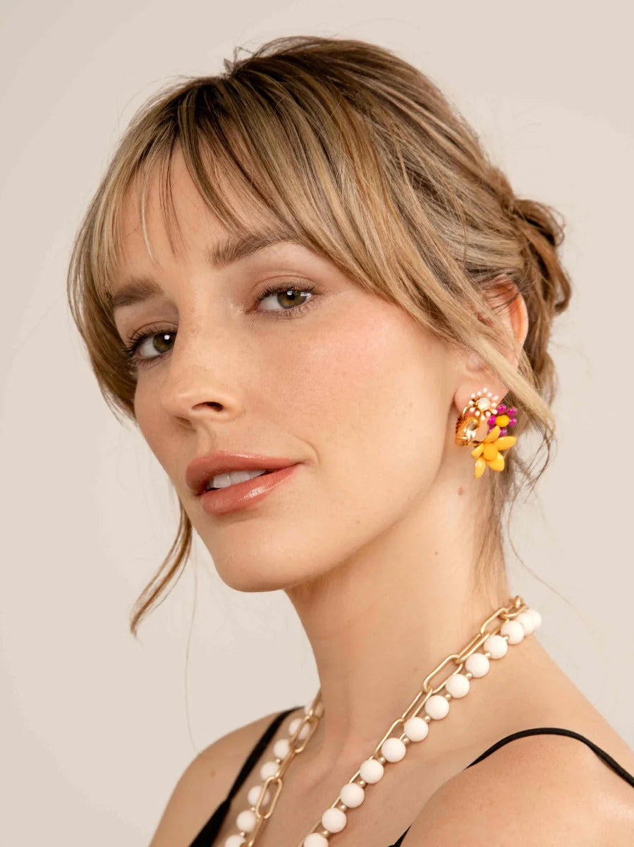 Flower & Crystal Handmade Stud Earring - Yellow