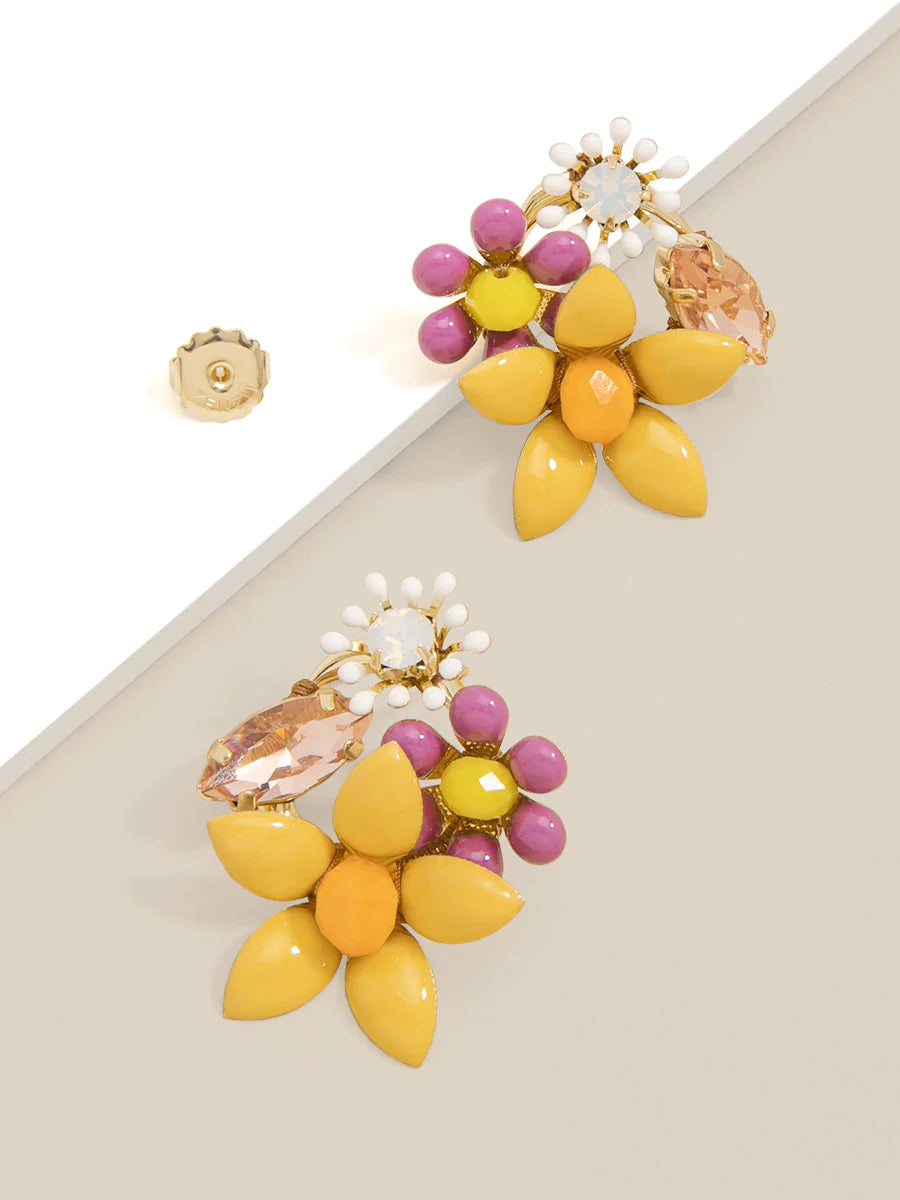 Flower & Crystal Handmade Stud Earring - Yellow